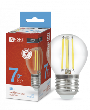 Лампа светодиодная LED-ШАР-deco 7Вт 230В Е27 6500К 810Лм прозрачная IN HOME