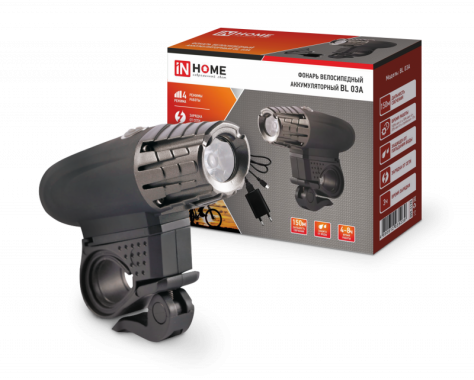 Фонарь велосипедный аккумуляторный BL 03А 3W LED 300Lm 4 режима с з/у 220В ЧЕРНЫЙ IN HOME