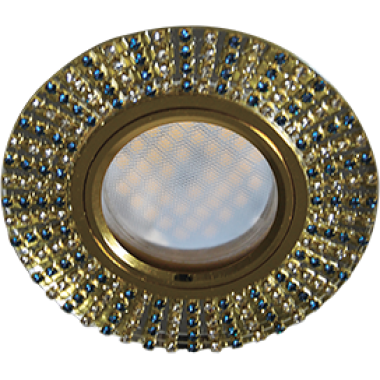Ecola MR16 DL1662 GU5.3 Светильник встр Glass Стекло Круг с прозр.и бирюз. стразами (оправа золото)/фон зерк./центр.часть золото 25х93 /FM16RGECB/