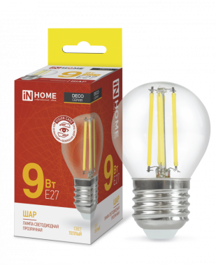 Лампа светодиодная LED-ШАР-deco 9Вт 230В Е27 3000К 1040Лм прозрачная IN HOME