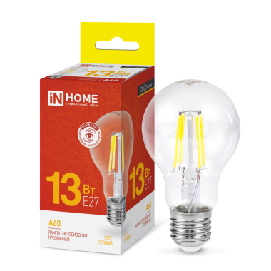 Лампа светодиодная LED-A60-deco 13Вт 230В Е27 3000К 1370Лм прозрачная IN HOME