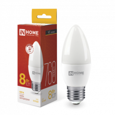Лампа светодиодная LED-СВЕЧА-VC 8Вт 230В Е27 3000К 760Лм IN HOME