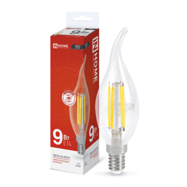 Лампа светодиодная LED-СВЕЧА НА ВЕТРУ-deco 9Вт 230В Е14 4000К 1040Лм прозрачная IN HOME