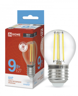 Лампа светодиодная LED-ШАР-deco 9Вт 230В Е27 6500К 1040Лм прозрачная IN HOME