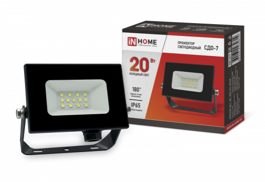 Прожектор светодиодный СДО-7 20Вт 230В 6500К IP65 черный IN HOME