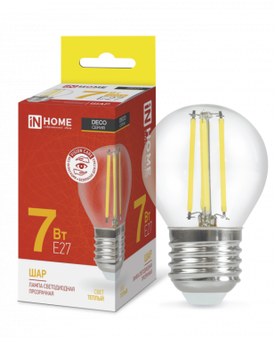 Лампа светодиодная LED-ШАР-deco 7Вт 230В Е27 3000К 810Лм прозрачная IN HOME