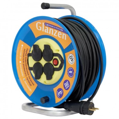 Удлинитель силовой на катушке GLANZEN с выключателем 4 гнезда КГ 3х2,5 IP44 