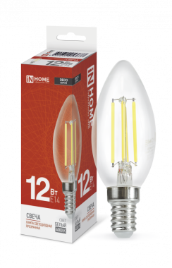Лампа светодиодная LED-СВЕЧА-deco 12Вт 230В Е14 4000К 1350Лм прозрачная IN HOME