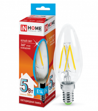 Лампа светодиодная LED-СВЕЧА-deco 5Вт 230В Е14 4000К 450Лм прозрачная IN HOME