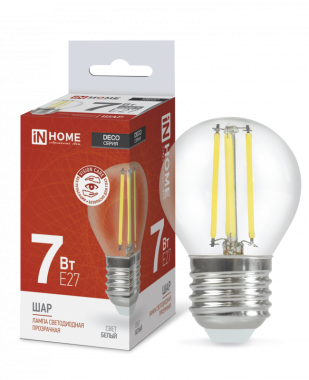 Лампа светодиодная LED-ШАР-deco 7Вт 230В Е27 4000К 810Лм прозрачная IN HOME
