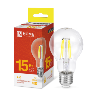 Лампа светодиодная LED-A60-deco 15Вт 230В Е27 3000К 1480Лм прозрачная IN HOME