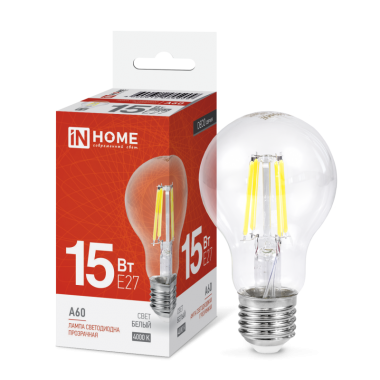Лампа светодиодная LED-A60-deco 15Вт 230В Е27 4000К 1480Лм прозрачная IN HOME