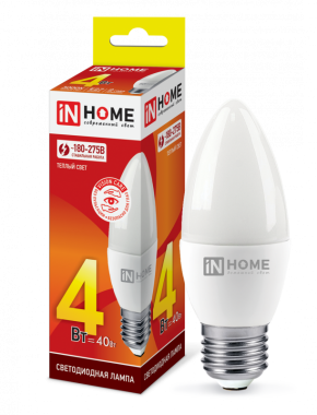 Лампа светодиодная LED-СВЕЧА-VC 4Вт 230В Е27 3000К 360Лм IN HOME