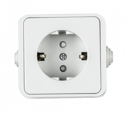 Розетка одинарная с заземлением со шторкой AQUA белая полугерметичная 3113 IN HOME