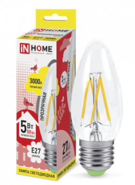 Лампа светодиодная LED-СВЕЧА-deco 5Вт 230В Е27 3000К 450Лм прозрачная IN HOME