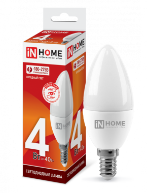 Лампа светодиодная LED-СВЕЧА-VC 4Вт 230В Е27 6500К 360Лм IN HOME