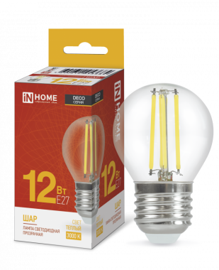 Лампа светодиодная LED-ШАР-deco 12Вт 230В Е27 3000К 1350Лм прозрачная IN HOME