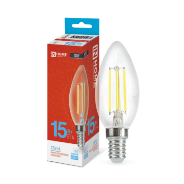Лампа светодиодная LED-СВЕЧА-deco 15Вт 230В Е14 6500К 1455Лм прозрачная IN HOME
