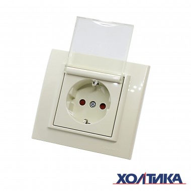 Розетка с заземлением, со шторками, с крышкой (цвет кремовый) MINA