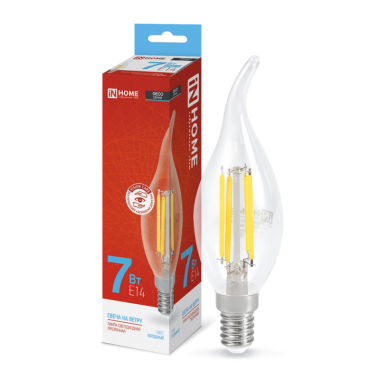 Лампа светодиодная LED-СВЕЧА НА ВЕТРУ-deco 7Вт 230В Е14 6500К 810Лм прозрачная IN HOME