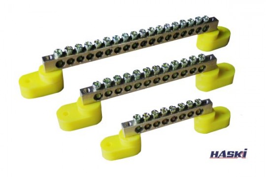 Шина "N" нулевая (ШНИ) 6х9мм  8/2 (8 гр./креп. по краям) + 2 изолятора по краям желтый HASKI