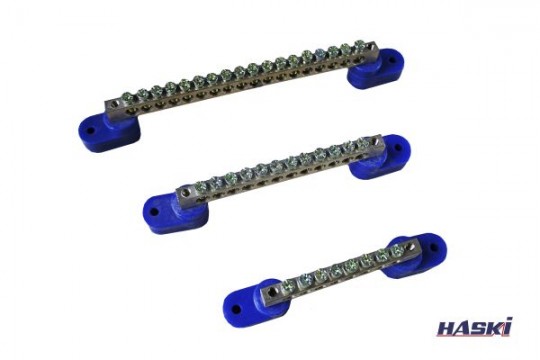 Шина "N" нулевая (ШНИ) 6х9мм 18/2 (18 гр./креп. по краям) + 2 изолятора по краям синий HASKI