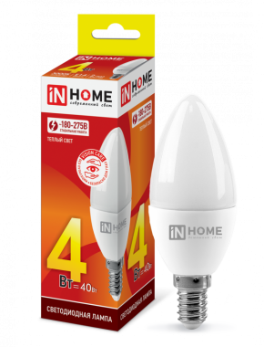 Лампа светодиодная LED-СВЕЧА-VC 4Вт 230В Е14 3000К 360Лм IN HOME