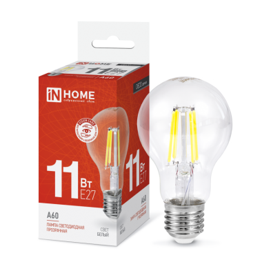 Лампа светодиодная LED-A60-deco 11Вт 230В Е27 4000К 1160Лм прозрачная IN HOME