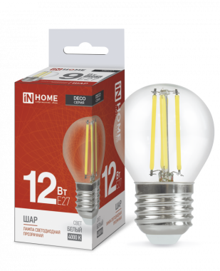 Лампа светодиодная LED-ШАР-deco 12Вт 230В Е27 4000К 1350Лм прозрачная IN HOME
