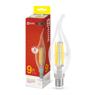 Лампа светодиодная LED-СВЕЧА НА ВЕТРУ-deco 9Вт 230В Е14 3000К 1040Лм прозрачная IN HOME