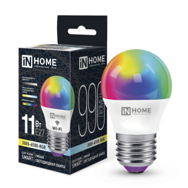 Лампа светодиодная LED-ШАР-RGBW-SMART 11Вт 230В Wi-Fi Е27 RGB-3000-6500К 990Лм IN HOME